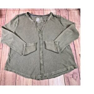 Pilcro Anthropologie Women Top Green Large Vneck Waffle Knit Long Sleeve